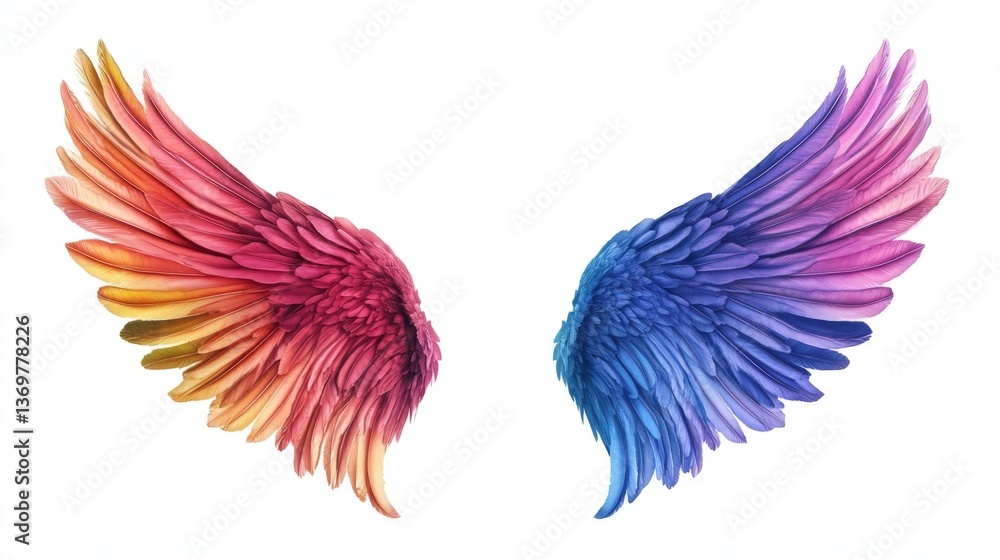 Obraz premium Vibrant multicolored bird wings illustration with gradient feathers on white.