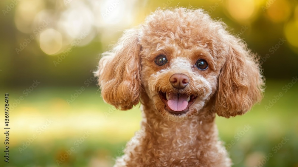 Happy brown toy poodle dog looking at camera with green nature background. Happy brown toy poodle dog looking at camera with green nature background.