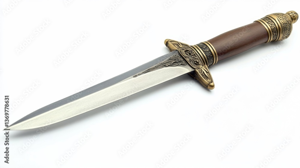 Ornate Damascus steel dagger with antique handle on white background. Ornate Damascus steel dagger with antique handle on white background.