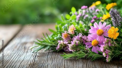 Wallpaper Mural Rustic Wooden Table with Blooming Wildflowers and Herbs Torontodigital.ca