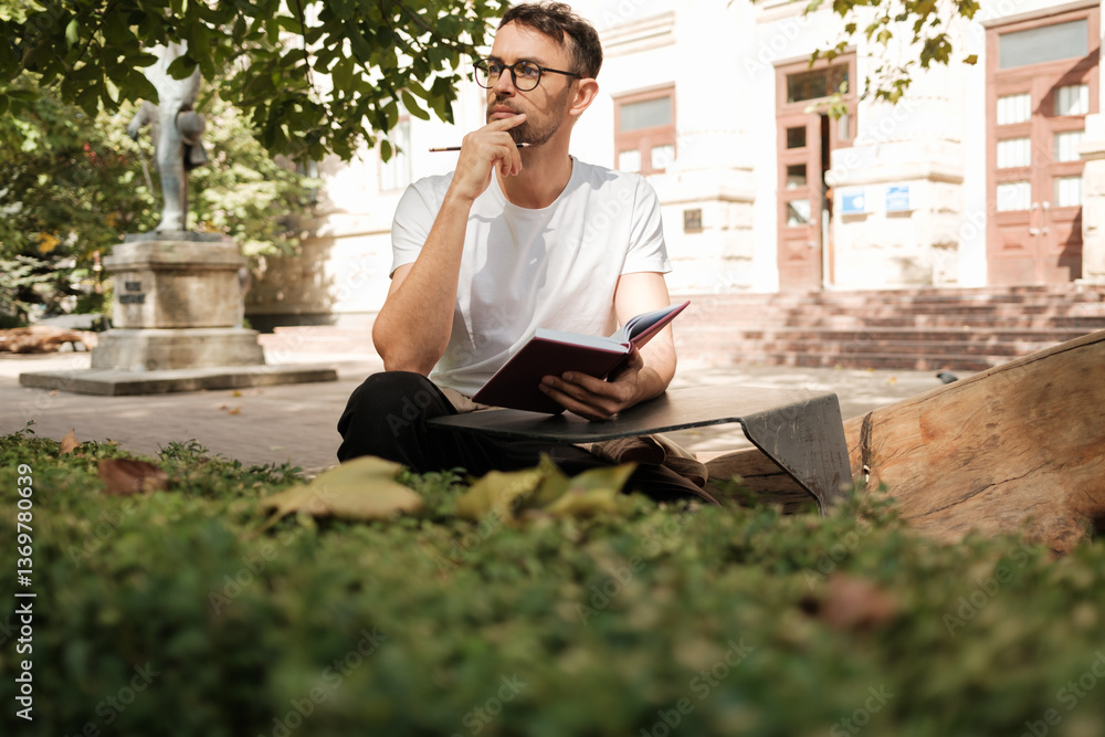 Fototapeta premium Thoughtful man sitting outdoors on a bench, holding a notebook, surrounded by greenery and urban architecture. He appears lost in thought, capturing the essence of inspiration and creativity.