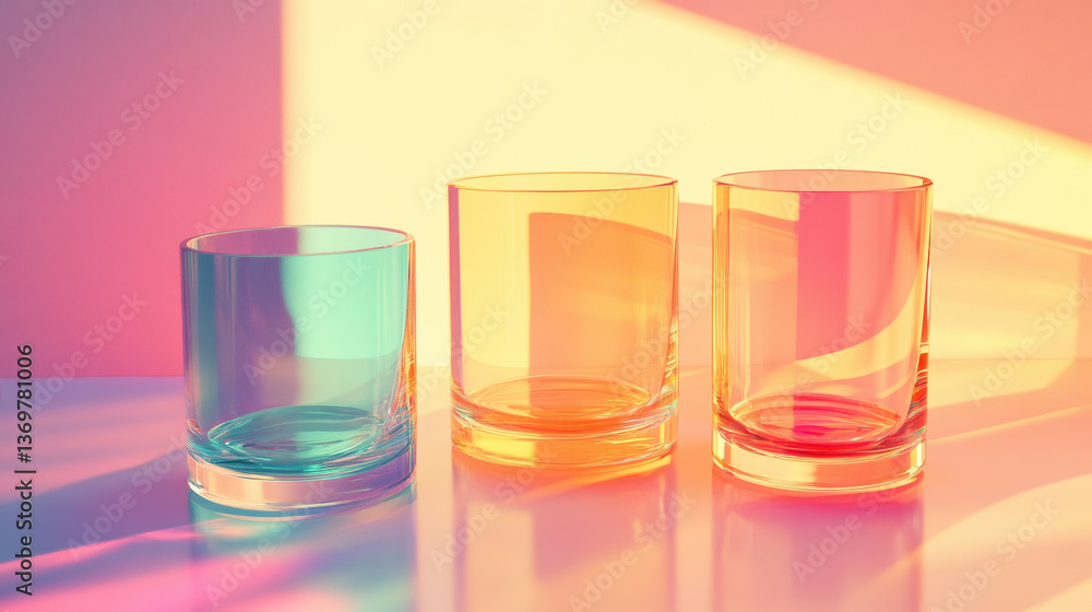 Three Empty Glasses on a Reflective Surface with Colorful Lighting Three Empty Glasses on a Reflective Surface with Colorful Lighting