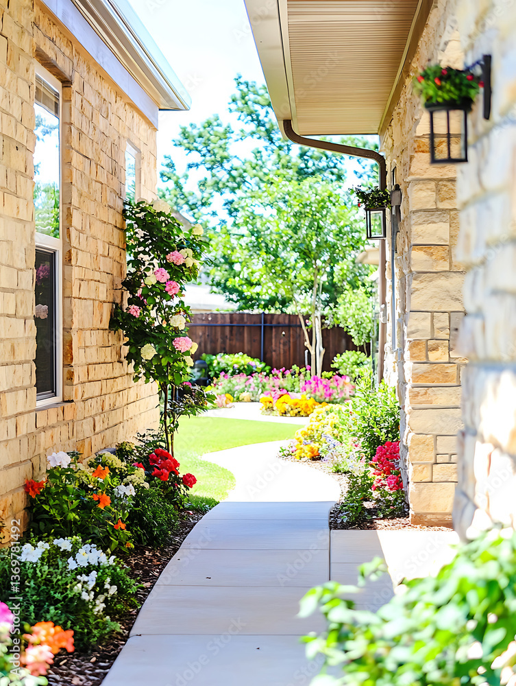 Naklejka premium Stone pathway between buildings leads to a vibrant garden filled with colorful flowers and lush greenery.