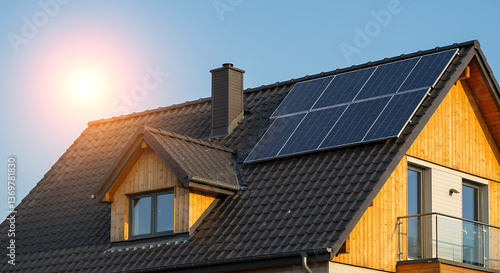 Wallpaper Mural Close-up of new suburban house with a photovoltaic system on the roof. Modern eco friendly passive house with solar panels on the gable roof, with sunlight in the morning vibes, Generative ai Torontodigital.ca