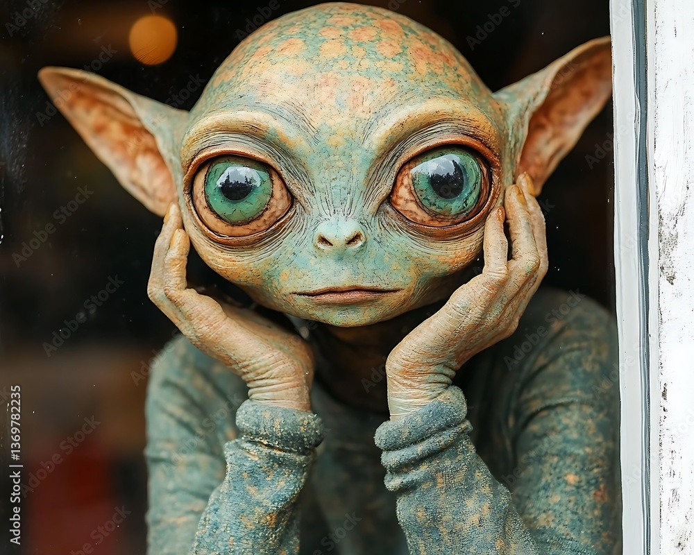 Obraz premium Alien figurine by window, cafe setting