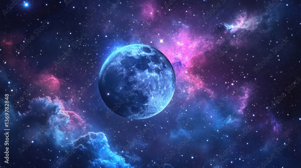 A celestial scene featuring a blue-hued moon against a backdrop of stars and nebulae A celestial scene featuring a blue-hued moon against a backdrop of stars and nebulae