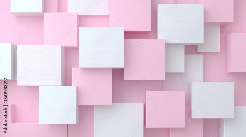 Abstract geometric background of various sized cubes in soft pink and white. A modern design with a playful, minimal aesthetic Abstract geometric background of various sized cubes in soft pink and white. A modern design with a playful, minimal aesthetic