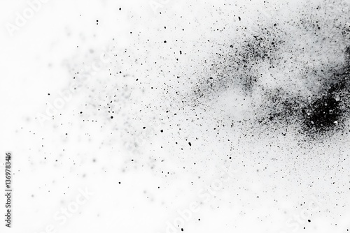 Black powder explosion on white background creates dynamic dust particle effect for design