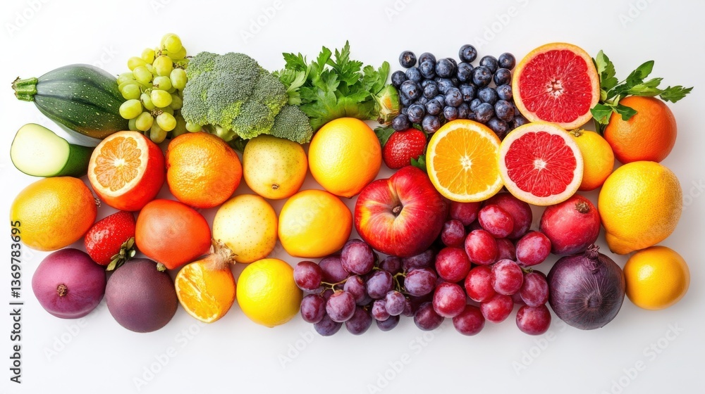 Fresh Rainbow of Fruits and Vegetables Arranged on White Surface Fresh Rainbow of Fruits and Vegetables Arranged on White Surface
