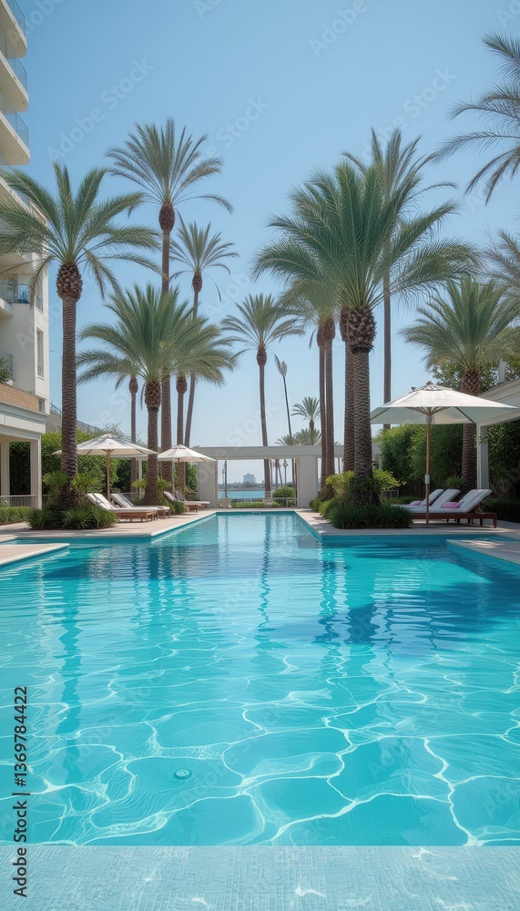 Tropical poolside oasis with palm trees and bright blue water Tropical poolside oasis with palm trees and bright blue water