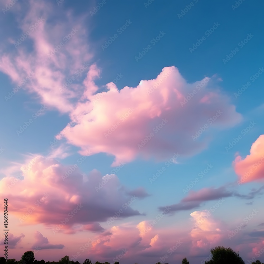 Fototapeta premium Pink and Blue Sunset Cloudscape Over Trees