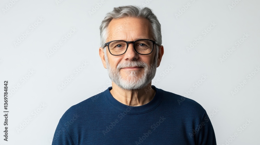 Obraz premium Smiling man with gray hair, beard, and glasses against a white background. Use this image to represent experience, wisdom, and professional maturity.