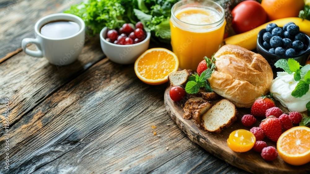 Delicious and Healthy Breakfast Table Setting with Fresh Fruits, Pastry, and Coffee Delicious and Healthy Breakfast Table Setting with Fresh Fruits, Pastry, and Coffee