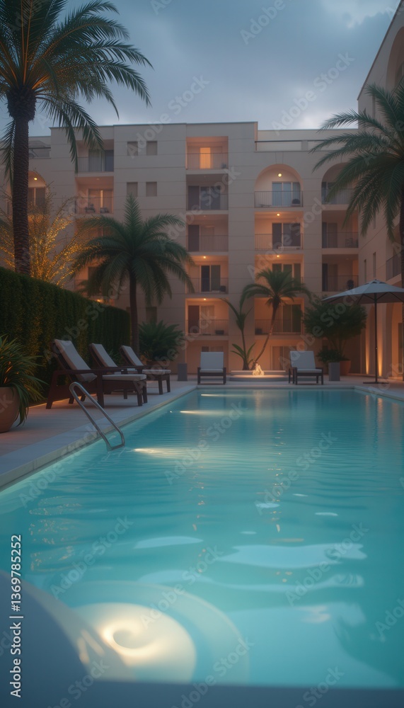 Serene Poolside Oasis with Palm Trees and Soft Lighting Serene Poolside Oasis with Palm Trees and Soft Lighting
