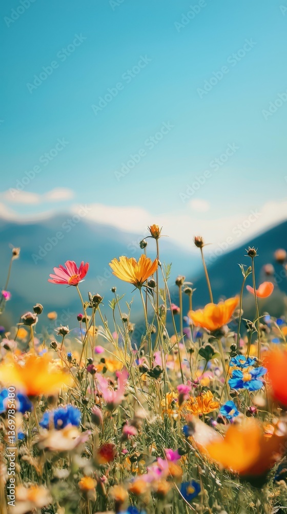 Obraz premium Vibrant Wildflower Meadow Bursting with Color Under Clear Sky