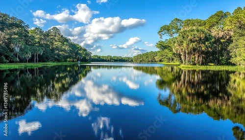 A calm lake with crystal-clear water reflecting a blue sky and white clouds, surrounded by dense green forest, tall trees with brown palm trees, bright blue sky with fluffy white clouds