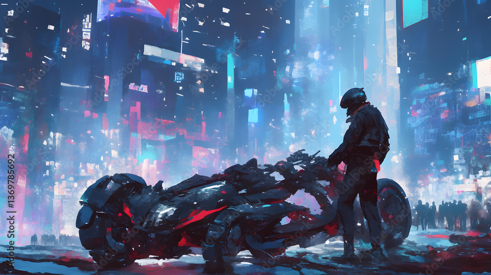 Fototapeta premium Mech Suit Vehicle vehicle cyberpunk background cyber city illustration