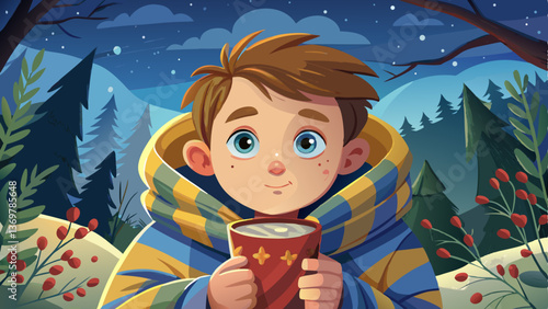 young boy wrapped in a blanket drinking hot chocolate outside