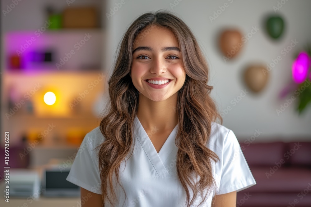 Fototapeta premium Woman with long brown hair is smiling and wearing a white shirt. She is standing in front of a couch and a potted plant