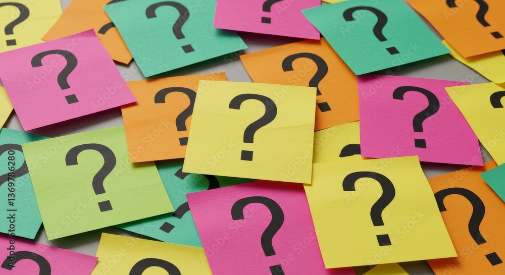 Colorful Question Marks on Sticky Notes - A collection of colorful sticky notes, each with a black question mark, scattered on a surface. Represents questions, inquiries, or brainstorming Colorful Question Marks on Sticky Notes - A collection of colorful sticky notes, each with a black question mark, scattered on a surface. Represents questions, inquiries, or brainstorming