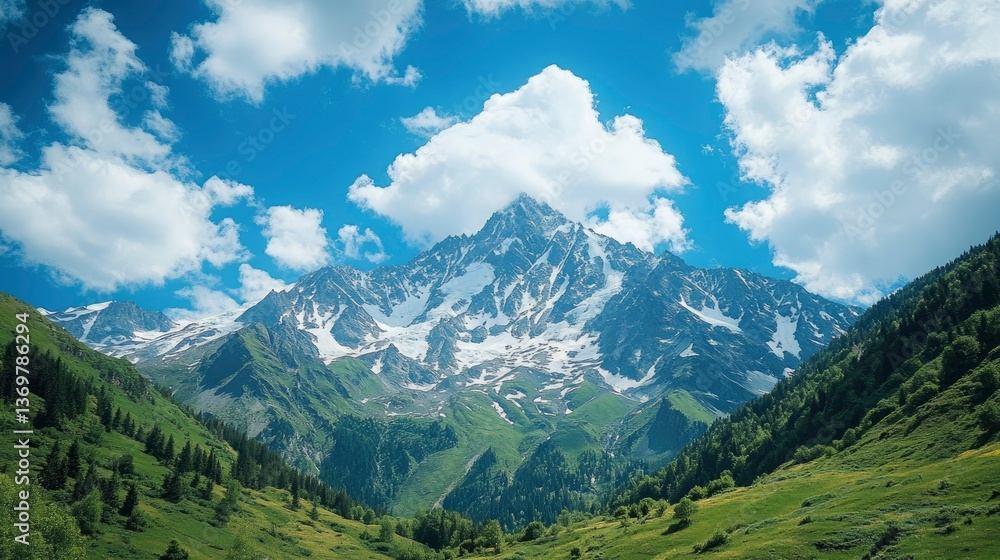 Fototapeta premium Majestic Snow-Capped Mountain Peak in a Lush Green Valley under a Blue Sky