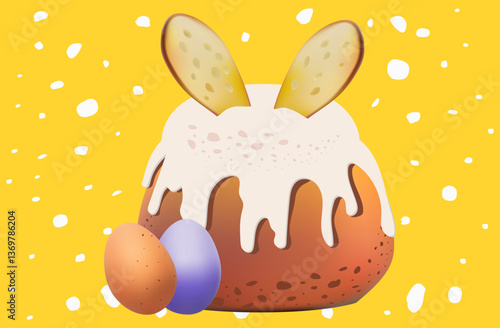 Easter cake with bunny ears, sweet pastry, festive kulich. Traditional dessert with icing and fondant. Spring event, Easter holiday, decorated confectionery for menu. Vector illustration.
