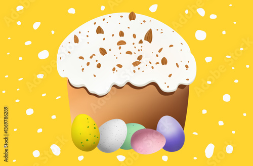 Easter cake with nuts, sweet pastry, festive kulich. Traditional dessert with icing and fondant. Spring event, Easter holiday, decorated confectionery for menu. Vector illustration.