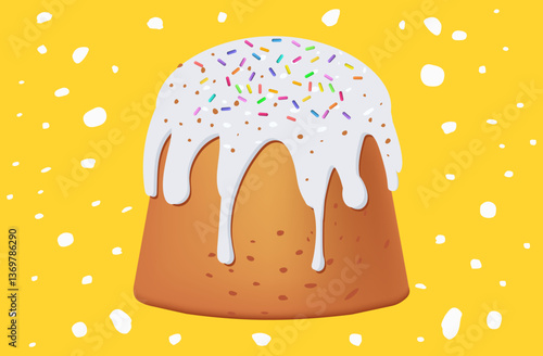 Easter cake, sweet pastry, festive kulich. Traditional dessert with icing and fondant. Spring event, Easter holiday, decorated confectionery for menu. Vector illustration.