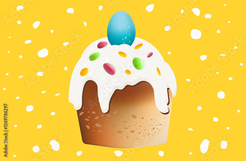 Easter cake with egg, sweet pastry, festive kulich. Traditional dessert with icing and fondant. Spring event, Easter holiday, decorated confectionery for menu. Vector illustration.