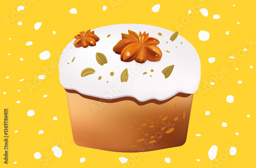 Easter cake with cinnamon and nuts, sweet pastry, festive kulich. Traditional dessert with icing and fondant. Spring event, Easter holiday, decorated confectionery for menu. Vector illustration.