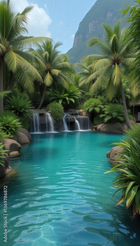 Fototapeta premium Tropical paradise with clear water and cascading waterfalls 