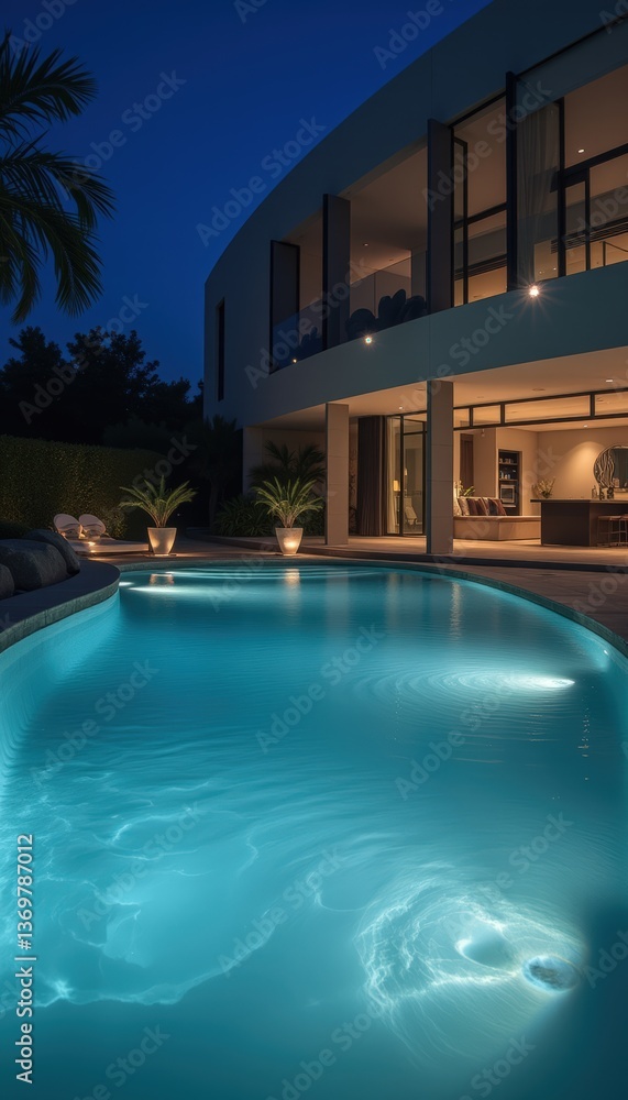 Obraz premium Modern poolside at night with glowing water and elegant home 