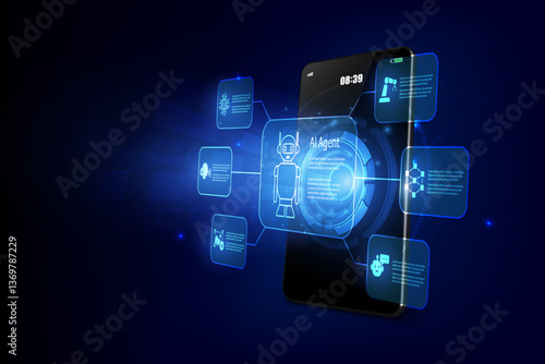 AI Agent and Futuristic Interface on Smartphone – Digital Technology Concept