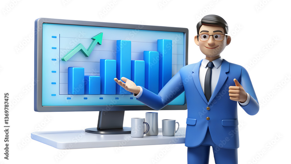 Businessman presents growth chart on computer screen, illustrating business success Businessman presents growth chart on computer screen, illustrating business success