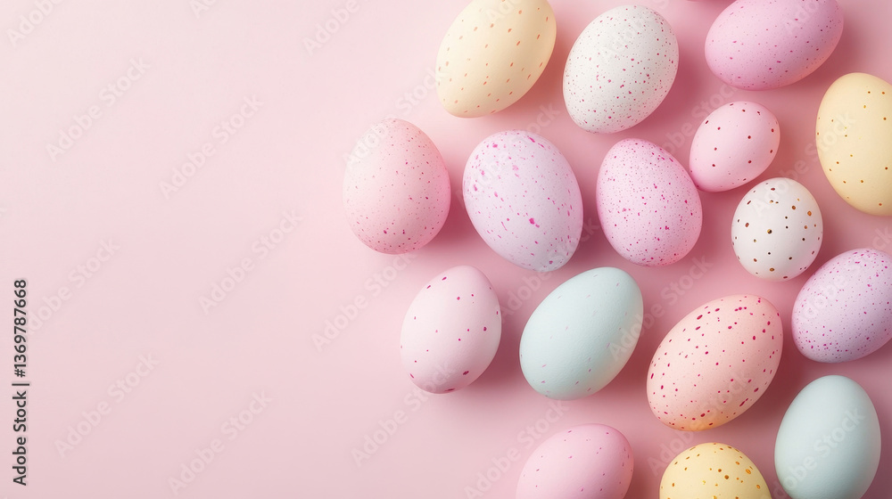 arrangement of pastel-colored speckled Easter eggs rests on a soft pink background, capturing the festive and playful spirit of springtime celebration arrangement of pastel-colored speckled Easter eggs rests on a soft pink background, capturing the festive and playful spirit of springtime celebration