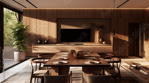 Modern Minimalist Living Room with Wooden Walls and Dining Table
