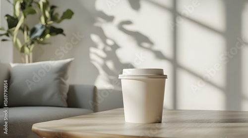 Wallpaper Mural Sunlight illuminates a modern living room scene featuring a disposable coffee cup on a wooden table Torontodigital.ca