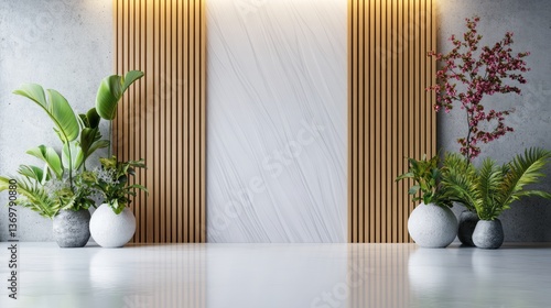 Contemporary interior design featuring plants and textured wall panels