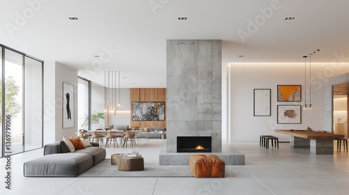 Modern open-plan living space with concrete fireplace, large windows, and minimalist furniture