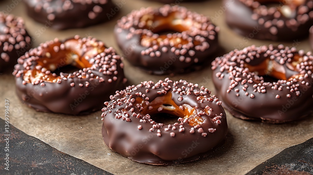 Hand-Dipped Chocolate Pretzels Decorated with Sprinkles on Parchment Paper Hand-Dipped Chocolate Pretzels Decorated with Sprinkles on Parchment Paper