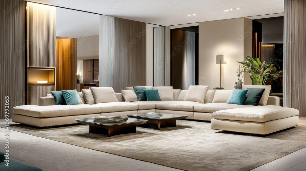 Fototapeta premium Cozy evening lounge with beige modular sofa, matte turquoise cushions, recessed ceiling lights, neutral tones, soft textiles, minimal decor