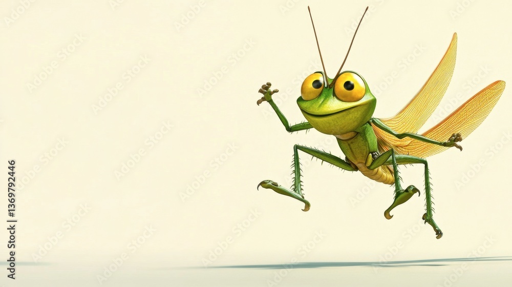 Fototapeta premium Playful Cartoon Grasshopper with Bright Yellow Eyes and Wings
