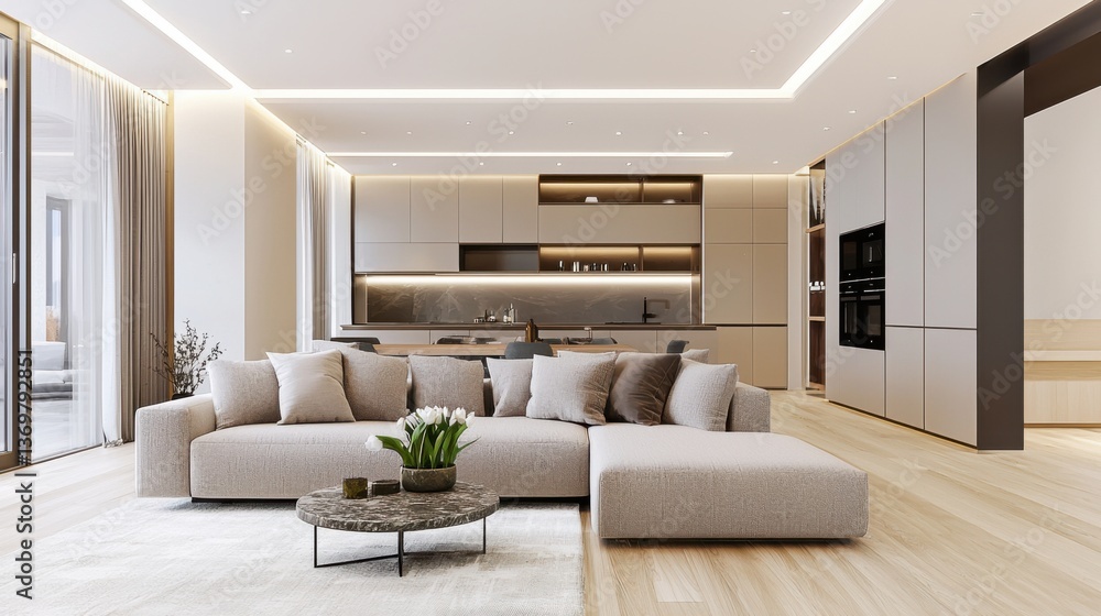 Cozy interior with linen textured beige sofa, built in ceiling lighting, neutral toned decor, light wood flooring, evening photorealism Cozy interior with linen textured beige sofa, built in ceiling lighting, neutral toned decor, light wood flooring, evening photorealism