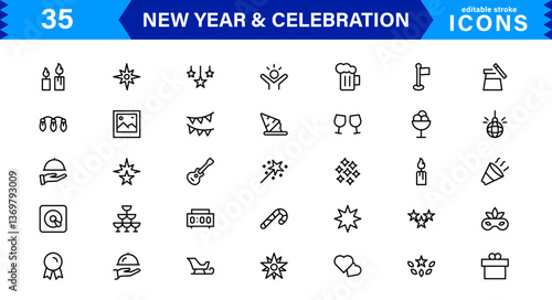 Celebrate the New Year with Stylish Icons for Festive Occasions. This Icon Set Includes Cheers, Fireworks, and Vibrant Symbols for Every Celebration.