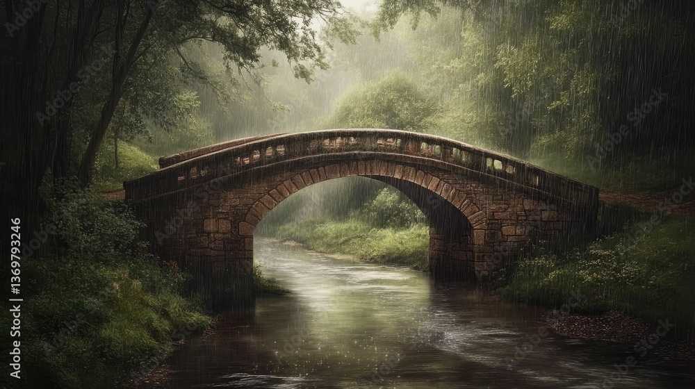 Fototapeta premium Stone arch bridge over stream, rain-soaked forest.