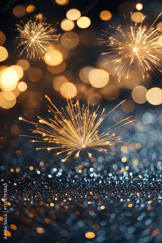 Fototapeta premium Golden fireworks bursting in a night sky, fireworks in a radial pattern, deep blue sky background, ground covered with golden sparkling particles