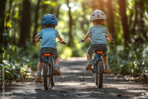 Family in the park on bicycles. two sibling brothers kids boys compete in riding. view from back