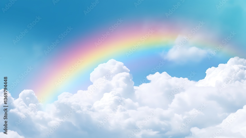 Pastel Rainbow Arcing Over Fluffy White Clouds in a Blue Sky Pastel Rainbow Arcing Over Fluffy White Clouds in a Blue Sky