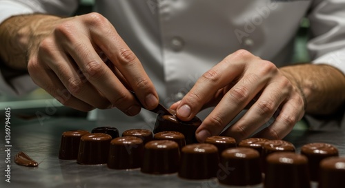 In a bustling kitchen during the afternoon, a skilled chocolatier meticulously crafts artisanal chocolate truffles. Focused on detail, their hands move deftly as they mold and decorate each truffle. 