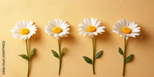 Four blooming white Daisies isolated on a pastel background with copy space to the right side.
